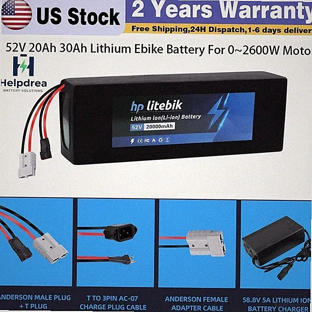 EBike Battery 52V 20Ah 30Ah Lithium Pack for 0~2600W Electric Bike Scooter Motor