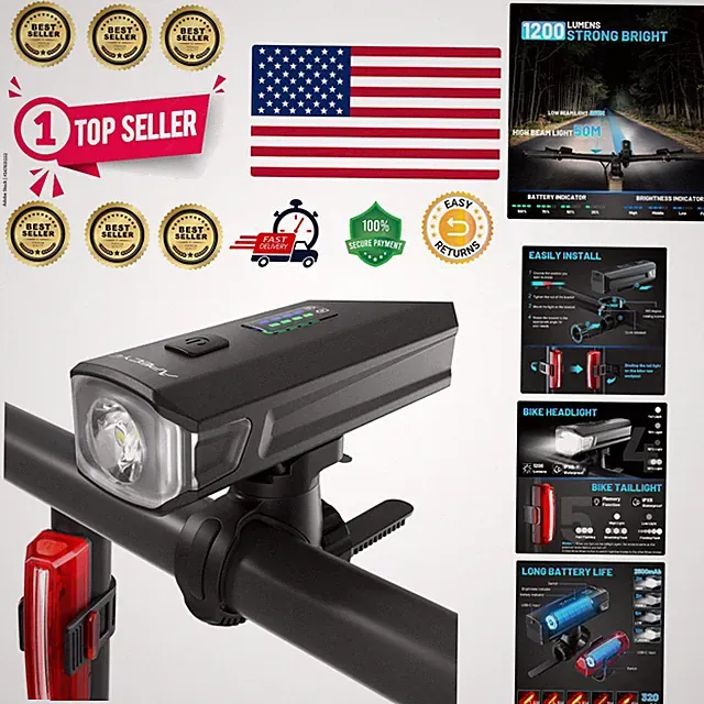 Powerful 1200 Lumen USB Rechargeable Bike Light Set - Waterproof and Bright